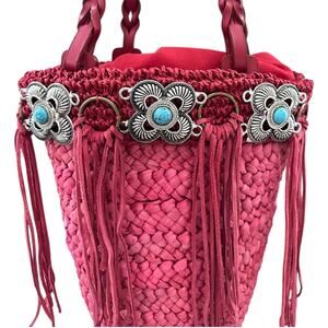 Boho Red Woven Bucket Bag Fringe Western Concho Beaded Shoulder Purse 10x7